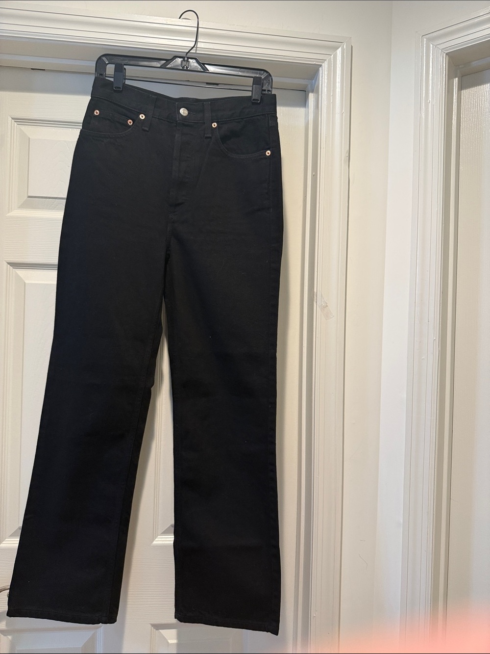 Black Denim High Cinched Waisted Trendy Straight Leg Button Fly Jeans W28 L30”